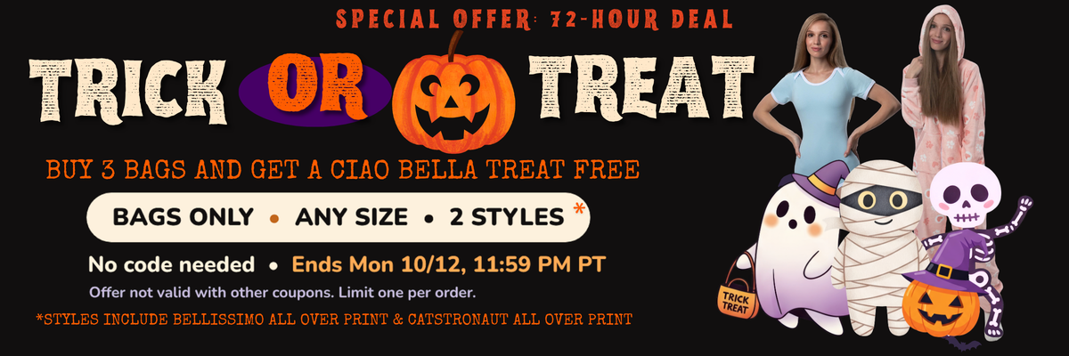 Trick or Treat 72-hour long weekend deal: buy 3 bags of Bellissimo or Catstronaut diapers, get a free Ciao Bella treat