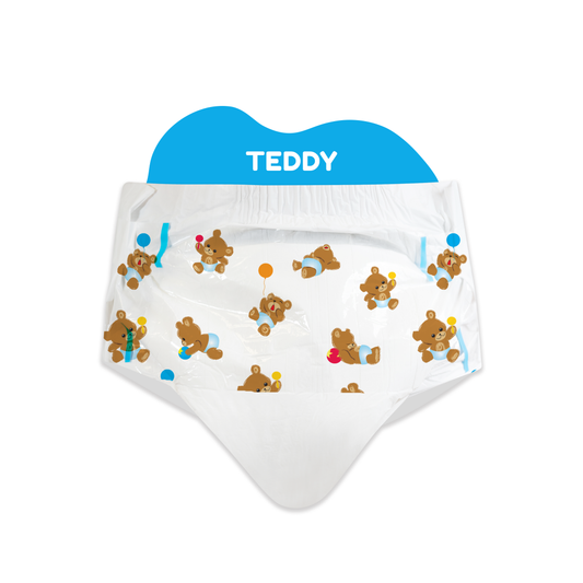 A diaper with a teddy bear print on a white background, featuring colorful accents 