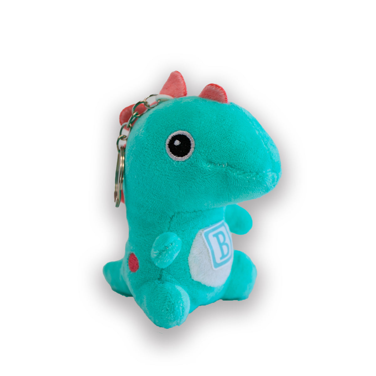 A collection of four plush dinosaur keychains in red, yellow, green, and blue, each with a 'B' logo on their chest.