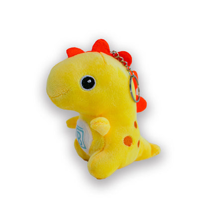 A collection of four plush dinosaur keychains in red, yellow, green, and blue, each with a 'B' logo on their chest.