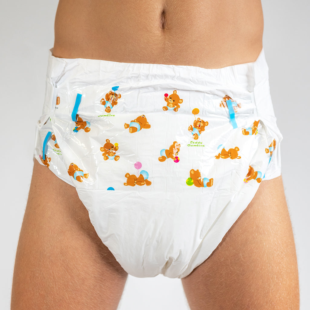 Bambino Teddy landing zone print adult diaper, front view