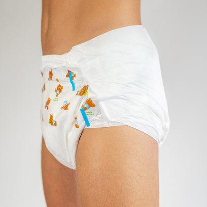 Bambino Teddy landing zone print adult diaper, side view