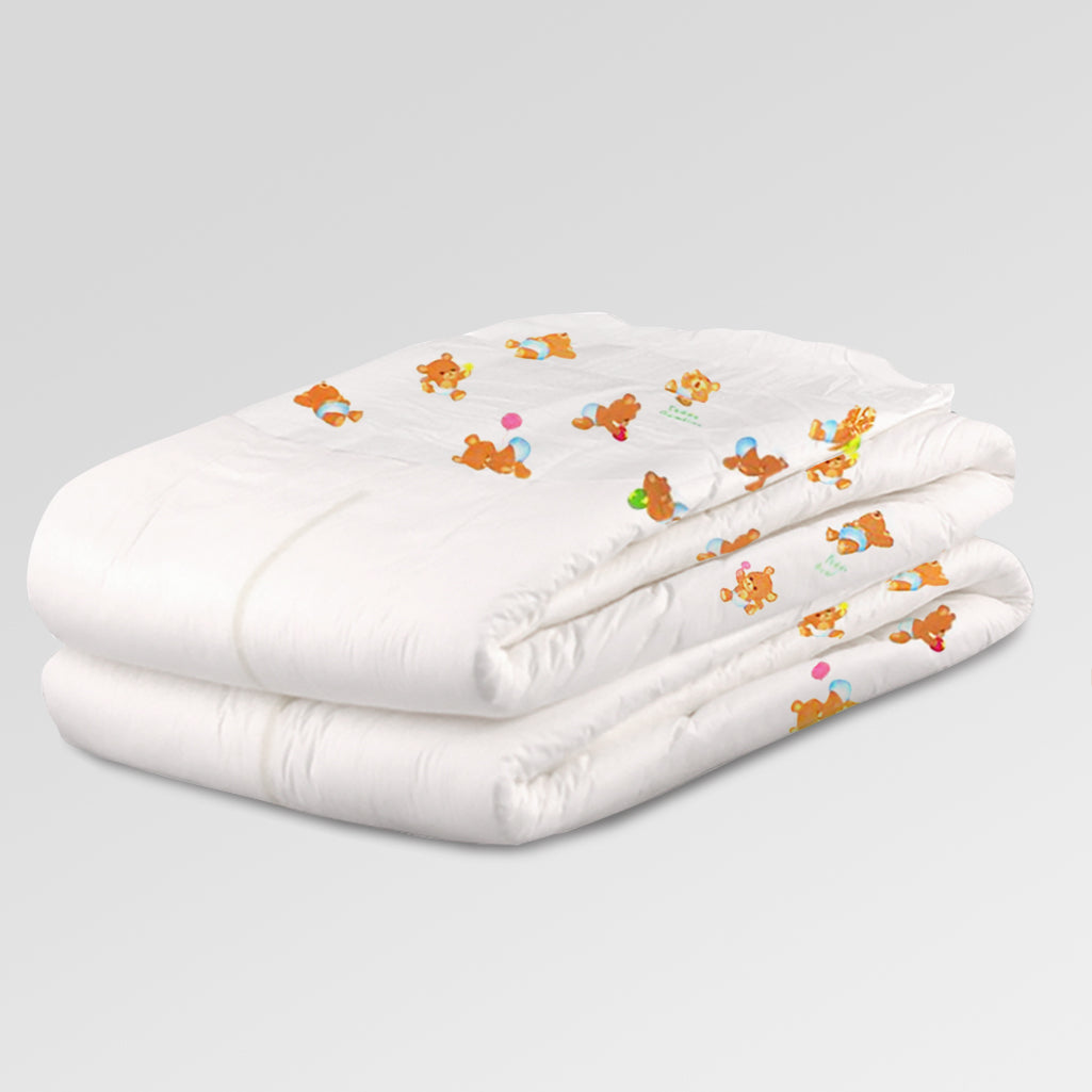 Bambino Teddy landing zone print adult diaper, stack of folded diapers